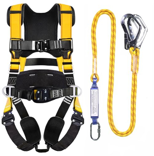 WHITEDEW Fall Protection Premium Safety Harness with Shock Absorbing Lanyard, Vented & Padded Shoulder, Legs & Back - Upgrade 4 Quick Buckles (Yellow)