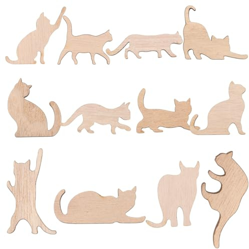 Lurrose 12Pcs Unfinished Wooden Cat Cutouts Blank Cat Decorations for Painting DIY Wood Cut Outs for Crafts Wedding Birthday Party Gift Bag and Home Decoration