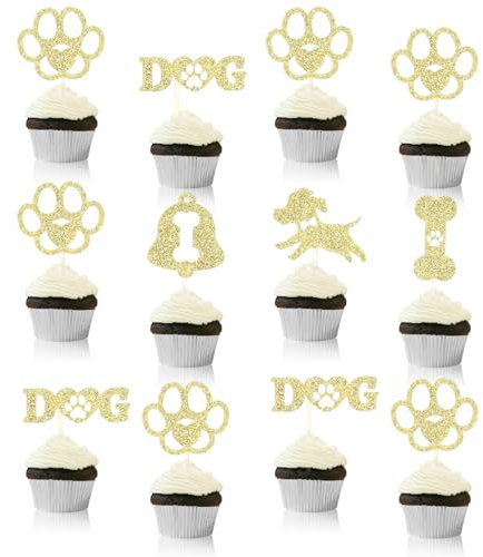 12st Cupcake Topper mit Hundepfoten, Glitzer Cupcake Dekorationen Buchstaben Welpenknochen Mini Pfote Cupcake Picker für Babyparty Geburtstag Jungen Mädchen Kuchen Dessertzubehör