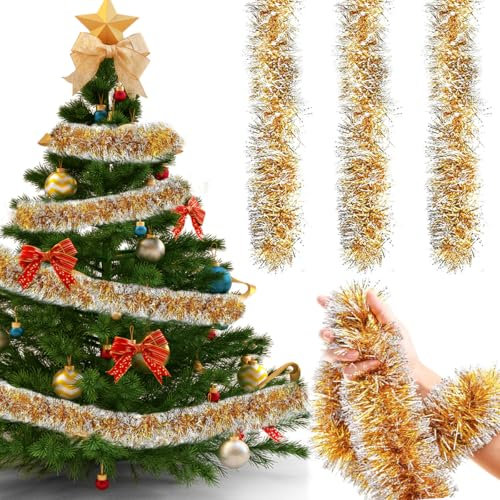 Guirnalda de Oropel de Navidad, 3 Piezas 2m Espumillón de Navidad, Oropel Arbol Navidad, Guirnaldas de Navidad, Guirnalda Brillante Metálica Decoraciones para Decoración de Árbol de Navidad