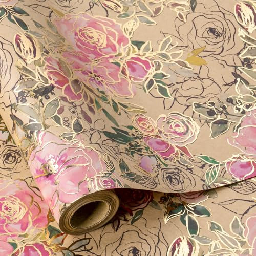 RUSPEPA Rotolo di carta da regalo Kraft - Mini rotolo - Motivo floreale rosa in lamina d'oro Ottimo per compleanni, festività, feste e altro - 43,2 cm x 5 m