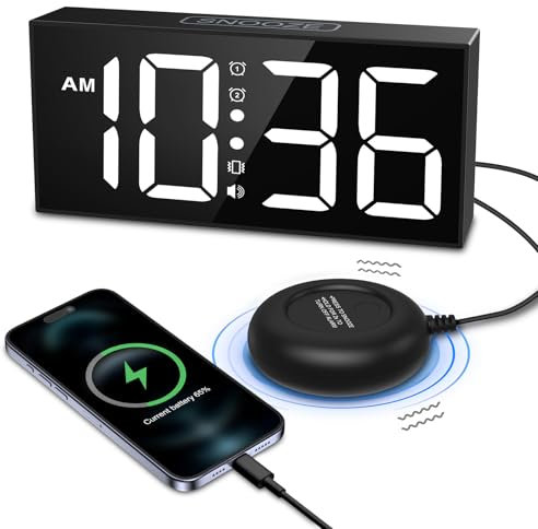 OQIMAX Loud Alarm Clock with Bed Shaker, Alarm Clock with Vibrating for Deaf, Heavy Sleepers, Hearing Impaired, Large LED Display Vibrating Clock with 5 Levels Brightness, 4 Speed Volume, USB Charging