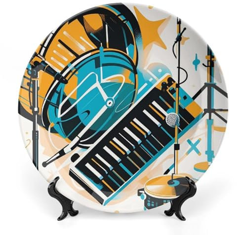 RKJVB Dekorativer Teller aus Knochenporzellan, 20,6 cm Ständer, Keramik-Dekorplatte, handgezeichnete Musikinstrumente, Keramikornament-Teller, Keramik-Speiseteller, Basteln, dekorative Teller für