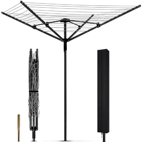 Étendoir à parapluie d'extérieur robuste, 12 lignes avec espace de séchage de 40 m, cadre en acier et hauteur réglable, corde à linge parapluie à 4 bras pour linge, étendoir à linge pliable pour