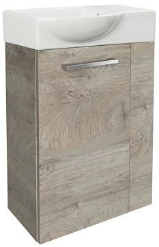 FACKELMANN Stanford Gäste-WC Set 2 Teile – Waschtischunterschrank in Holz Braun mit Waschbecken aus Keramik – SBC Waschbeckenunterschrank schmal – Türanschlag Links – Hahnloch rechts – 45 cm breit