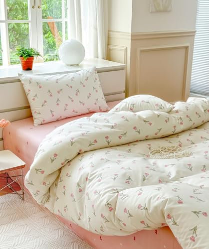 Covebett Bettwäsche Baumwolle 135x200 Rosa Weiß Blümchen Blumen Klein Geblümt Muster Bettbezug Set Aesthetic Botanisch Blumenwiese Blumenmuster Deckenbezug Reißverschluss und Kissenbezug 80x80cm