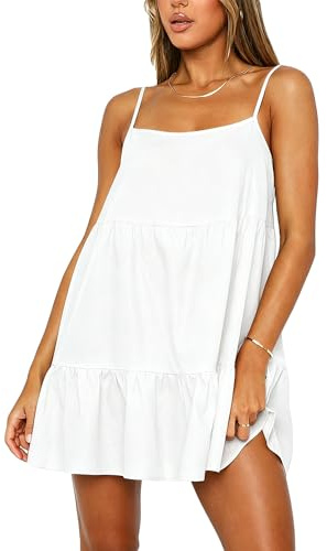 Women Spaghetti Strap Mini Dress Backless Sundress Flowy Swing Beach Going Out Short Dress White S