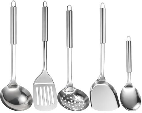 WANDGU 5-teiliges Kochutensilien Set: Edelstahl Küchenhelfer Set inklusive Schlitzlöffel, Schlitzspatel, großem Löffel, Suppenlöffel, Spatel, Wok-Utensil, Wok Zubehör Set aus Edelstahl