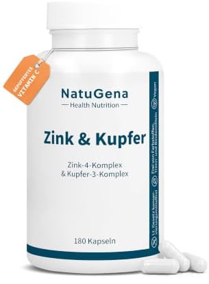 NatuGena Zink & Kupfer, Zink-4-Komplex, Kupfer-3-Komplex, Zink-Komplex, Kupferkomplex, Vitamin C, magenschonend, 180 Kapseln (Dosis für 180 Tage)