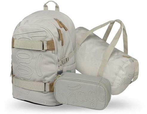 Baagl Schulrucksack Set Jungen Mädchen 3 Teilig (Skateboard Rucksack, Mäppchen, Sporttasche), Schultasche ab 3. Klasse, Grundschule Ranzen mit Brustgurt, Ergonomischer Schulranzen, 25 l (Mist)
