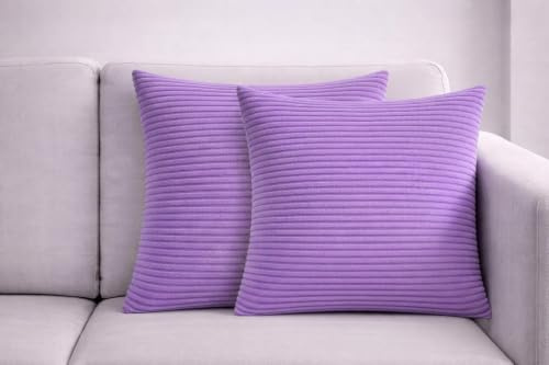 Seechoo Corduroy Cushion Covers, Set of 2, 45 x 45 cm, Striped, with Invisible Zipper, 18 x 18 Inch (Lavender)