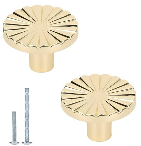 XXHUO Gold Cabinet Knobs, 2 Pack Brushed Gold Knobs Drawer Knob Door Knob Brass Round Knob Classic Style Handles for Drawers Dressers Cupboard Wardrobe Kitchen Zinc Alloy