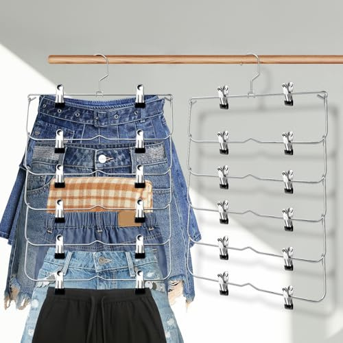 Hosenbügel Metall 2 Stück, Kleiderbügel Platzsparend 4 in 1, Rockbügel Platzsparend, KHosenkleiderbügel Mit Verstellbaren Klammern, Metall Kleiderbügel für Hosen, Röcke, Schals, Jeans