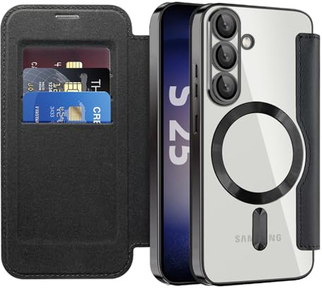 IMEIKONST für Samsung Galaxy S25 Hülle Flip Kartenfach Schwarz JDCX | RFID-Blockierung Kartenfächer Brieftasche, Premium PU Leder Tasche Handyhülle, Magnetische Transparente Rückseite Schutzhülle