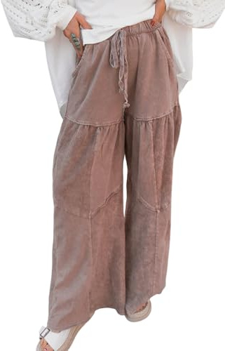 SELINK Classic Western Mineral Wash Pants for Women Trendy Straw Yellow Tiered Straight Wide Leg Patchwork Drawstring Daily Trousers L