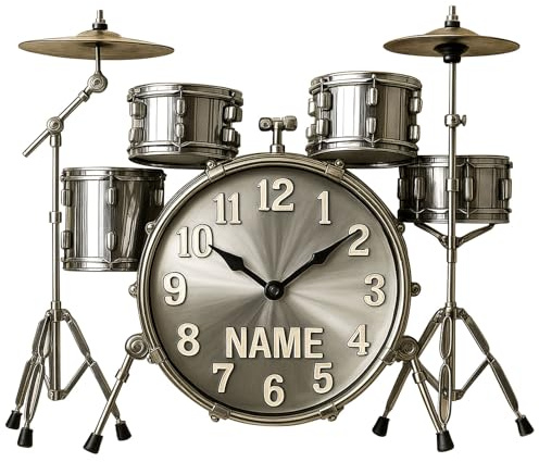HSAEANZL Trommelständeruhr, personalisierter Namen, Schlagzeug-Set, Metallmaterial, flaches Design, 4 Farben, 20,3–40,6 cm, geeignet zum Aufhängen in Musikzimmern, Bars, Essbereichen, Wohnzimmer