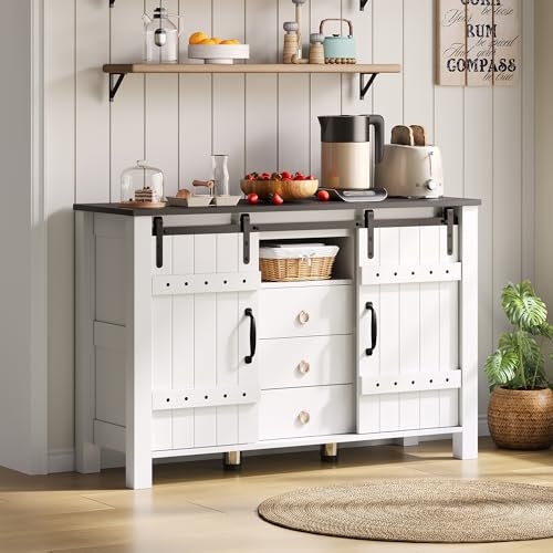 OOIILLEE Buffet Cuisine 120 cm avec Portes coulissantes et 3 tiroirs, Table de Bar à café en Bois Rustique, Buffet Salle a Manger pour Cuisine Salon, Meuble de Rangement Blanc