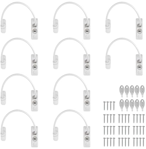 KAMTOP Window Restrictor Locks, 10 Pack, Cable and Keys | ABS and stainless steel construction, flexible security cable, for uPVC, wooden and aluminium windows and doors