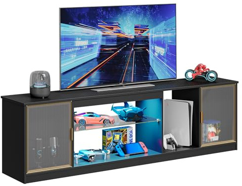 Bestier Moderner TV-Schrank für 75/80-Zoll-Fernseher, LED-Entertainment-Center mit Acryltüren und verstellbarem Glasboden, 70-Zoll-Medienkonsole für PS5, fürs Wohnzimmer, Schwarze Carbonfaser