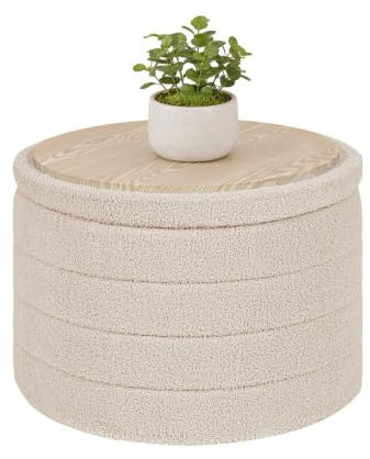 Bonlife Ottoman with Storage, Folding Boucle Stool,Coffee Table,Chest Toy Box,Footstool for Living Room,Bedroom,Beige,Large Round,56x56x40cm