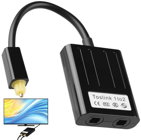 Pmqs Toslink Optischer Splitter 1 in 2 Out Digital Optisch Audio Adapter Optisches Audiokabel Verteiler für TV DVD Verstärker, Soundbar CD-Player Plug and Play