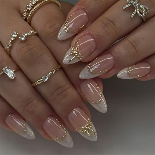 Almond Press On Nails French Tip, 24Pcs False Nails with Golden Line and Bow Design -Long Lasting French Tip Full Cover Glossy Home Manicure Almond Nails, Medium Long Stick on Glue Nail Art
