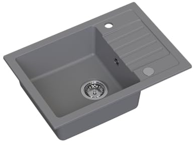 HOMEVELLO Spülbecken MOXY Einbecken Granitspüle 62x44x17,5cm Grau, Hochwertige Küchenspüle mit Siphon, Abtropffläche, Pflegeleicht, Kratzfest, Moderne Design, Perfekt für jede Küche