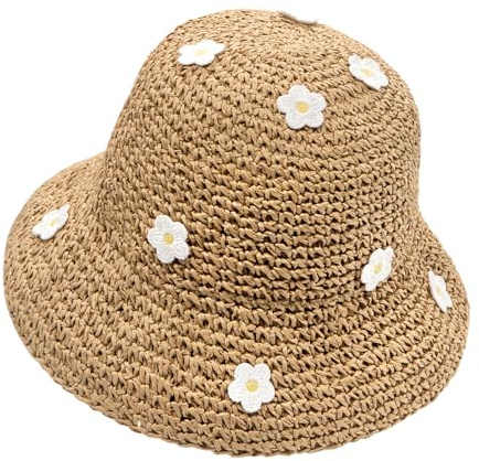YAMEIZE Stroh Bucket Hut mit - Breiter Krempe für Damen UV-Schutz Packbarer Sonnenhut Flower Faltbarer Strand Sonnenhut Mütze Reisen im Freien