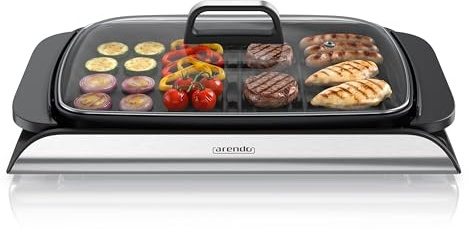 Arendo - Tischgrill Elektrogrill Edelstahl - mit Glasdeckel – extrastark 2000 Watt - Steaks, Würstchen, Fisch, Meeresfrüchte, Gemüse, Pilze u.v.m. - für Balkon, Garten, Indoor - Antihaftbeschichtung