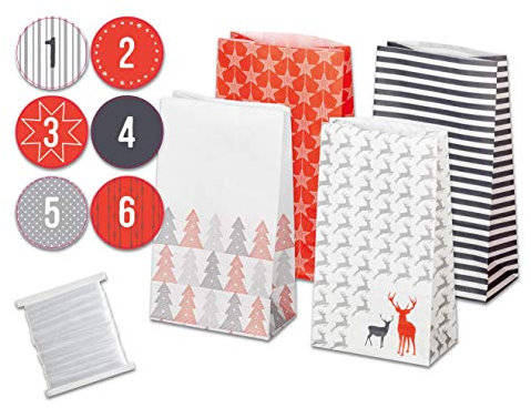 folia 9395 - Adventskalender Set Style, mit 24 lebensmittelechten Papiertüten je 10 x 17,5 x 5,5 cm groß, 7 m Satinband und Zahlensticker