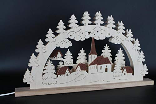 Rudolphs Schatzkiste Schwibbogen mit Kirche Dorf und Beleuchtung BxHxT 60x33x6cm NEU Lichterbogen Fensterbogen Spitzbogen Erzgebirge Seiffen Weihnachten Licht Holz Dekoration Beleuchtung