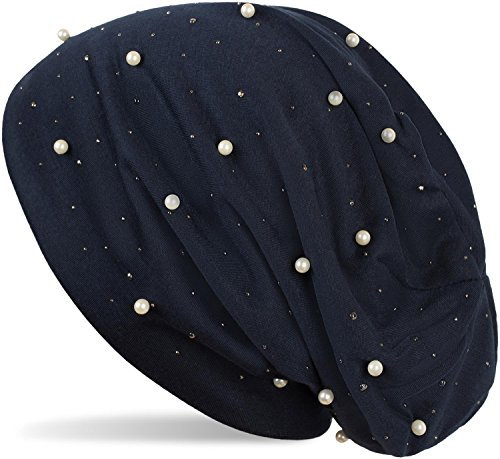 styleBREAKER Beanie Mütze mit Perlen und Strass Nieten, Slouch Longbeanie, Damen 04024140, Farbe:Midnight-Blue/Dunkelblau