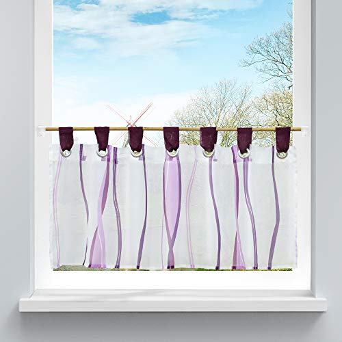 HongYa Scheibengardine transparenter Voile Bistrogardine mit Schlaufen Wellen Muster H/B 45/120 cm Violett