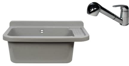 Waschbecken Ausgussbecken 50 cm x 34 cm x 21 cm Spülbecken Waschtrog mit Überlauf Waschbecken für Gewerbe Waschraum Garten Seifenspender Armatur Atut inkl. Ablaufgranitur (Waschtrog mit Armatur)