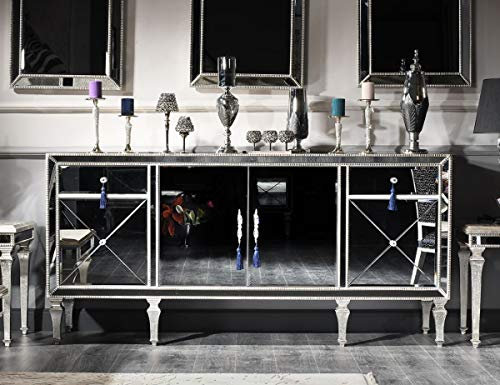 Casa Padrino Luxus Barock Kommode mit Spiegelglas Silber/Gold 205 x 55 x H. 100 cm - Verspiegelter Wohnzimmerschrank - Luxus Qualität