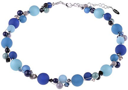 Adi Modeschmuck geflochtene Damenkette 'Leonora', verspielte Mischung aus verschieden großen Polaris, Acryl- und Glasperlen auf 3 Fäden, handgefertigt in Berlin (Blau- und Grautöne mit Schwarz)