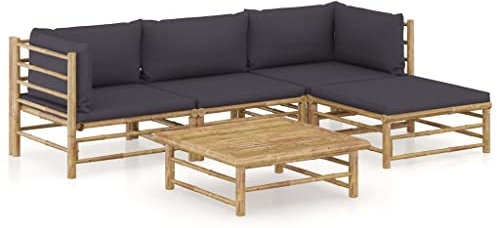 vidaXL Gartenmöbel 5-TLG. mit Dunkelgrauen Kissen Garten Garnitur Sitzgruppe Sofa Gartensofa Lounge Gartenset Sitzgarnitur Mittelsofa Ecksofa Fußhocker Bambus