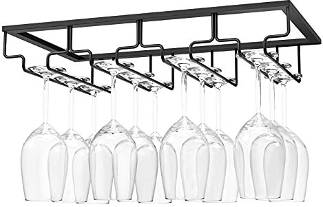 Nuovoware Wine Glass Rack, 4 Rows Wine Glass Holder Storage Hanger Metal Organizer Under Cabinet Stemware Rack for Bar Kitchen Cabinet, Black