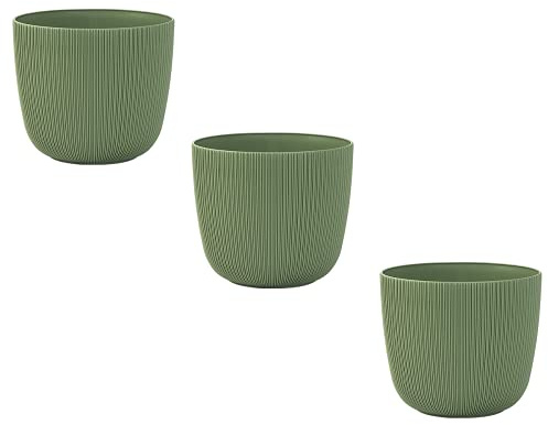 Engelland - 3 x Blumentopf mit Drainagesystem, Moos-Grün, Rillenoptik, Pflanz-Topf, Kübel, modern, widerstandsfähig, rund, wetterfest, Kunststoff, Ø 12 cm, 0,9 Liter