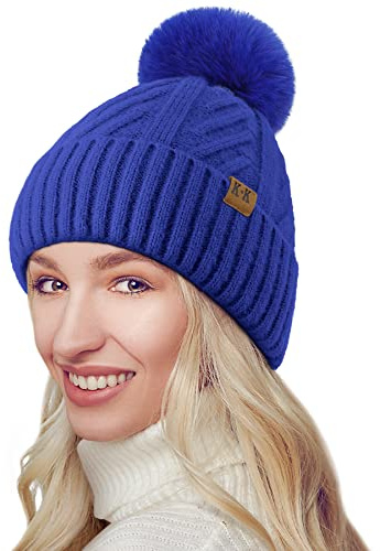 Bobble Hat Women - Fleece Lined Beanie Hats Thermal Knitted Wooly Winter Hats Ladies Cable Knit Hats with Faux Fur Pom Pom Blue