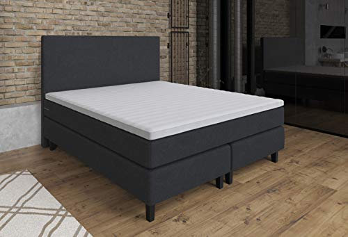 Tesla Dreams Boxspringbett 140x200 ETNA, Taschenfederkern Matratze H2/H3, MemoLUX Topper 10 cm Höhe, Unterbau Taschenfederkern, Polsterbett, Hotelbett, Anthrazit