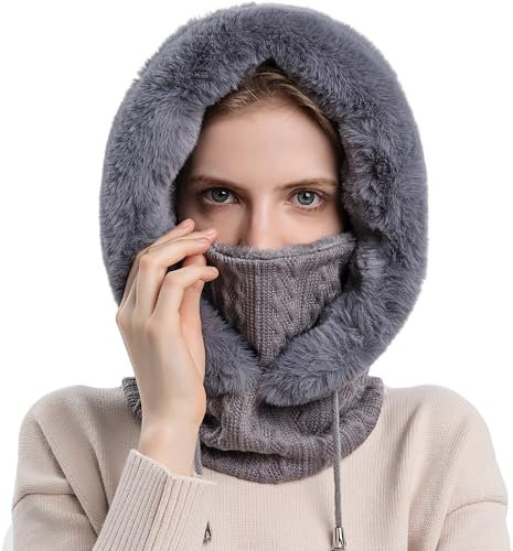 WANYIG 2 in 1 Wintermütze Strickmütze Warme Mütze Kreis Schal Set Balaclava Winter Stricken Mütze mit Fleecefutter für Damen Winddichte Mütze Kälteschutz Skimütze 56-60CM (Grau)