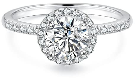 KRKC&CO Moissanite Ringe Verlobungsring Damen, 1ct Halo Solitärring, VVS1 D Farbe, 925 Silber Weißgold beschichtet Trauring Eheringe, Verlobung Verlöbnis Hochzeit Jubiläum, (Rundschliff Größe 52)