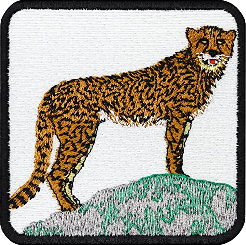 Gepard Afrika Aufnäher Save The Earth | Geparden Bild Kinder-Aufbügler Cheetah Patch Wildlife Stickerei Kunstwerk Artenschutz Umweltschutz Aufkleber Bügelbild | Tierschutz Abzeichen | 75x75mm