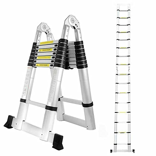 Teleskopleiter Klappleiter 2,5+2,5m Schiebeleiter Ausziehbare Leiter, Stehleiter Rutschfester, Aus Edelstahl, Ausziehleiter Multifunktionsleiter, Dachbodenleiter 150 kg Belastbarkeit