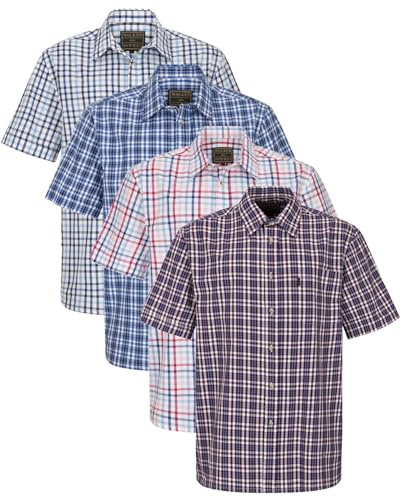 WALKER AND HAWKES - Men's Checkered Blue and Red 100% Cotton Short Sleeve Canterbury Country Shirt with Pocket Classic-Fit