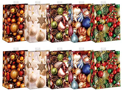 Geschenktaschen Weihnachten 10 Stück | edle Geschenktüten Papier Tragetasche | DIN A4 Geschenkbeutel mit farbiger Kordel und Namenskarte | Weihnachtstüten Large 26x32x12cm | Skorpion Papeterie