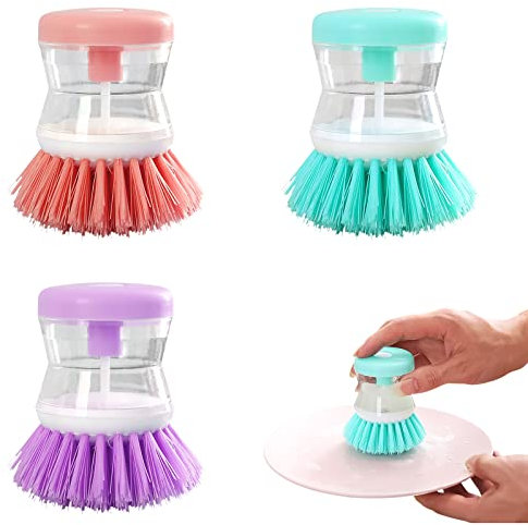 FZQBEY Brosse Liquide Vaisselle, 3 Pcs Brosse à Récurer Vaisselle, Brosse Vaisselle avec Reservoir, Pressez pour Distributeur de Savon, Pas de Mains Mouillées pour Nettoyage des Ustensiles de Cuisine