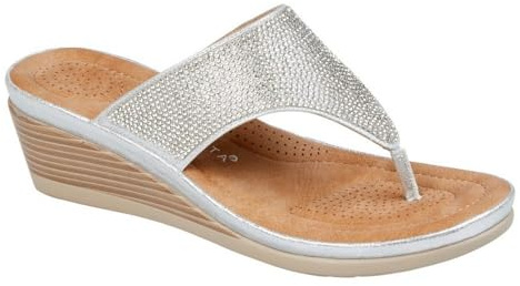 Cipriata Womens Sandra Toe Post Diamante Wedge Heel Sparkle Sandals Silver