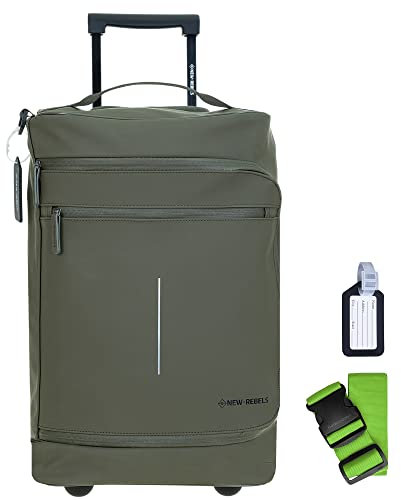 New Rebels Trolley Handgepäck Herren Damen Reise Koffer Gepäck Bag Harper Pro 50 cm 30 L Schultergurt Trolly Weekender Over Night Sauna Tasche + Koffergurt (Oliv (Dunkelgrün))